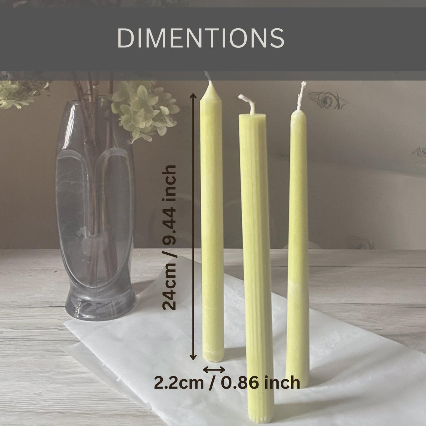 Yellow colorful taper candles for dinner table measuring 24cm tall and 2.2cm wide by La Bouqe