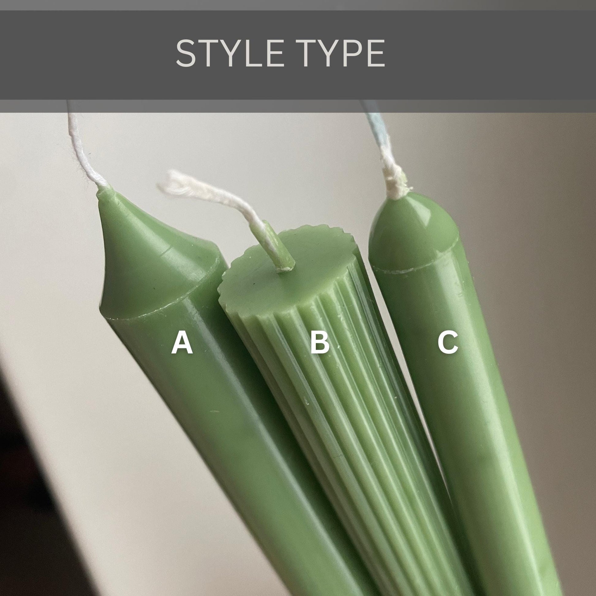 Three green colorful taper candles for dinner table in different style types by La Bouqe