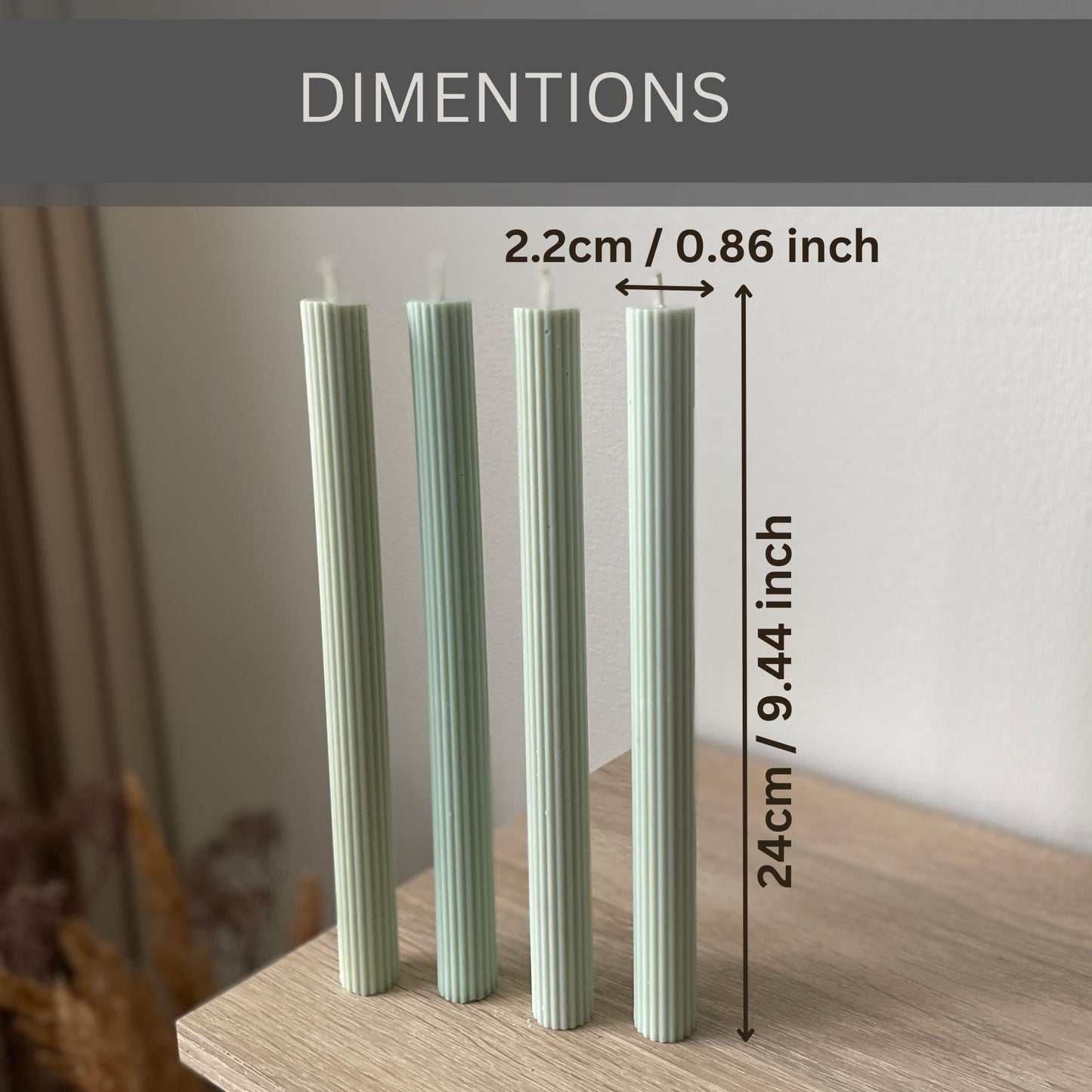 Elegant dinner candles 4 pack with ribbed texture measuring 24 cm height and 2.2 cm diameter