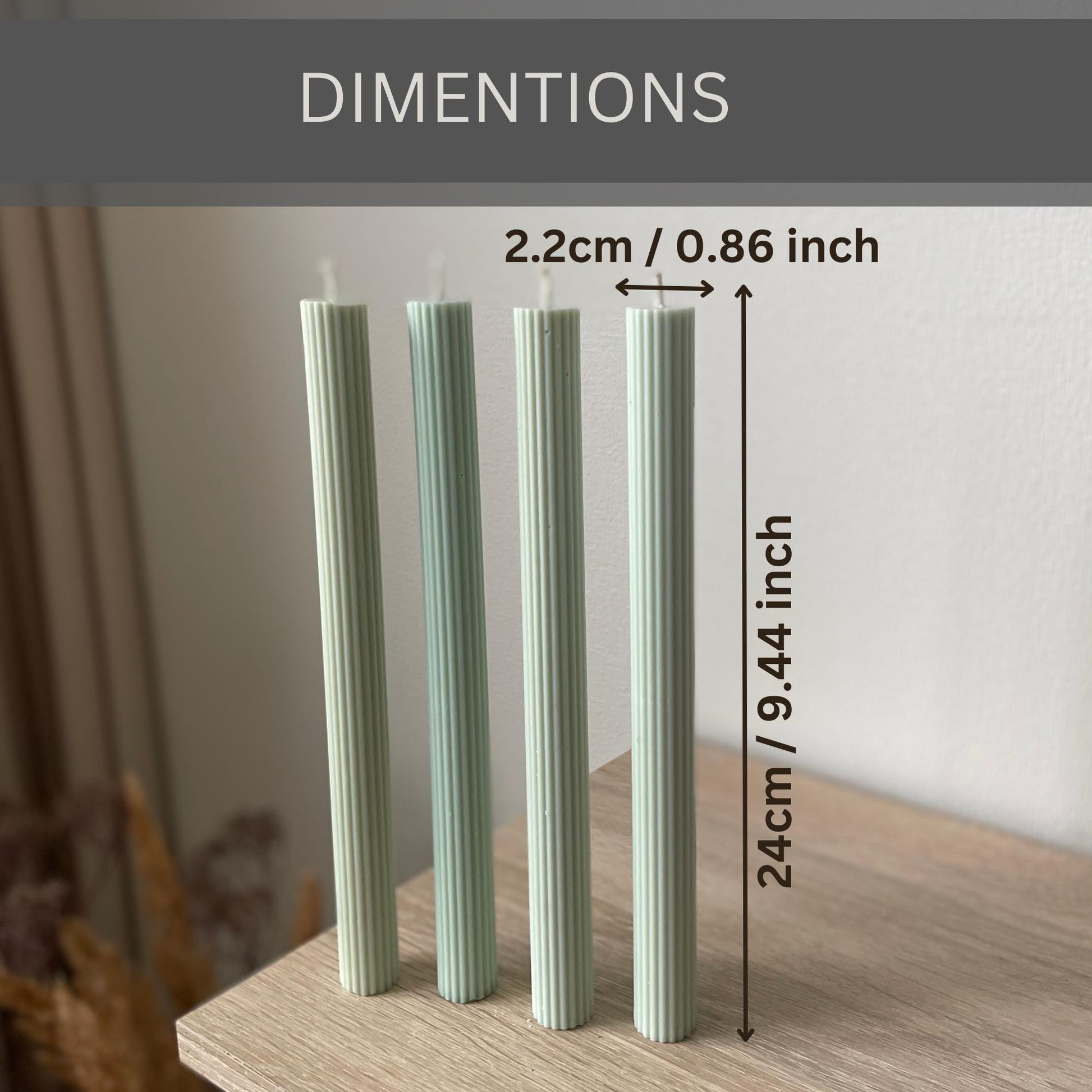 Elegant dinner candles 4 pack with ribbed texture measuring 24 cm height and 2.2 cm diameter