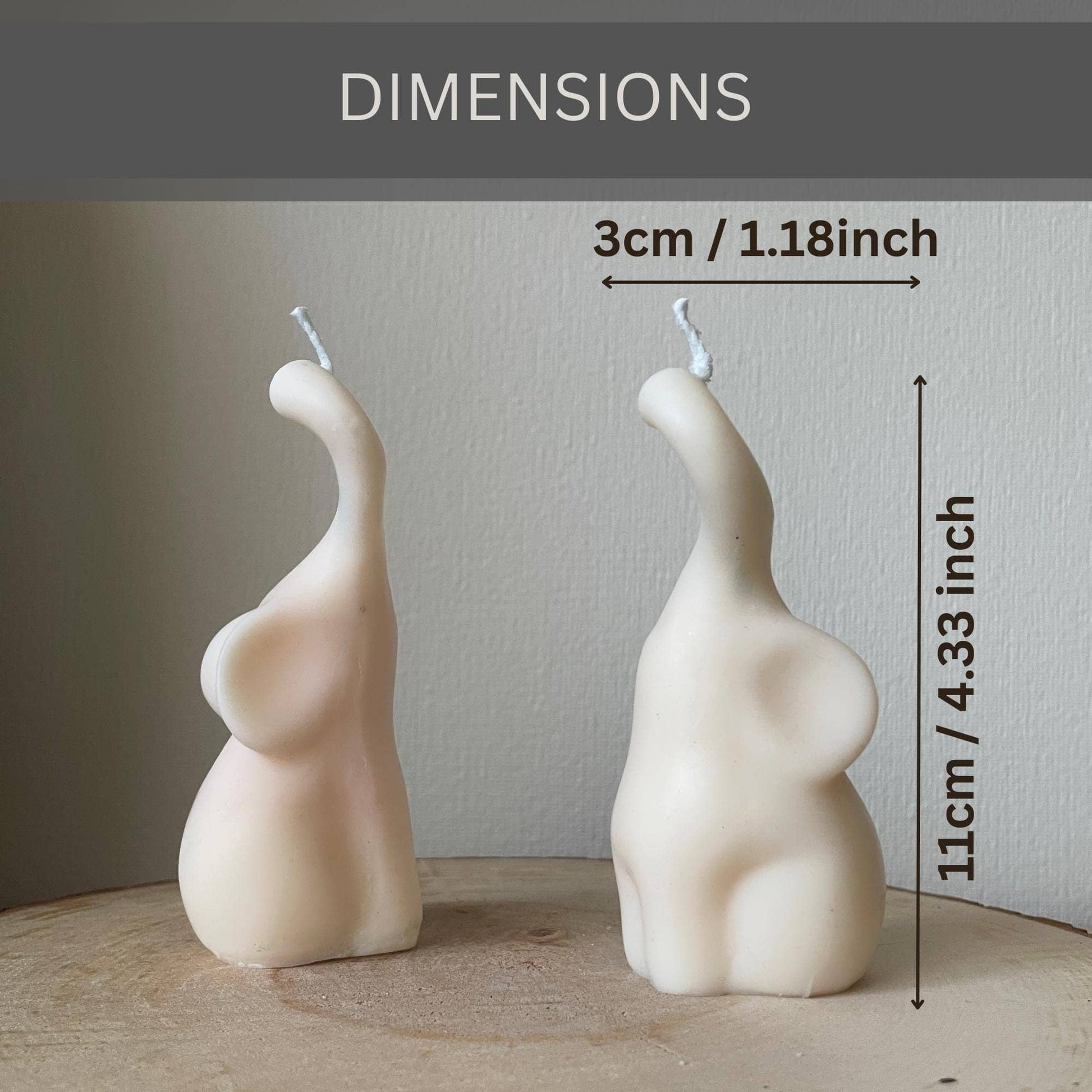 Handmade elefant candle set by La Bouqe showing two cream-colored elephant-shaped candles with dimensions