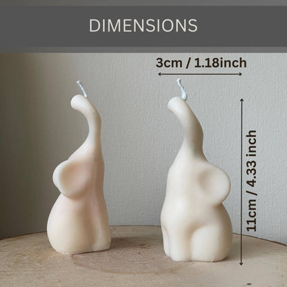 Handmade elefant candle set by La Bouqe showing two cream-colored elephant-shaped candles with dimensions