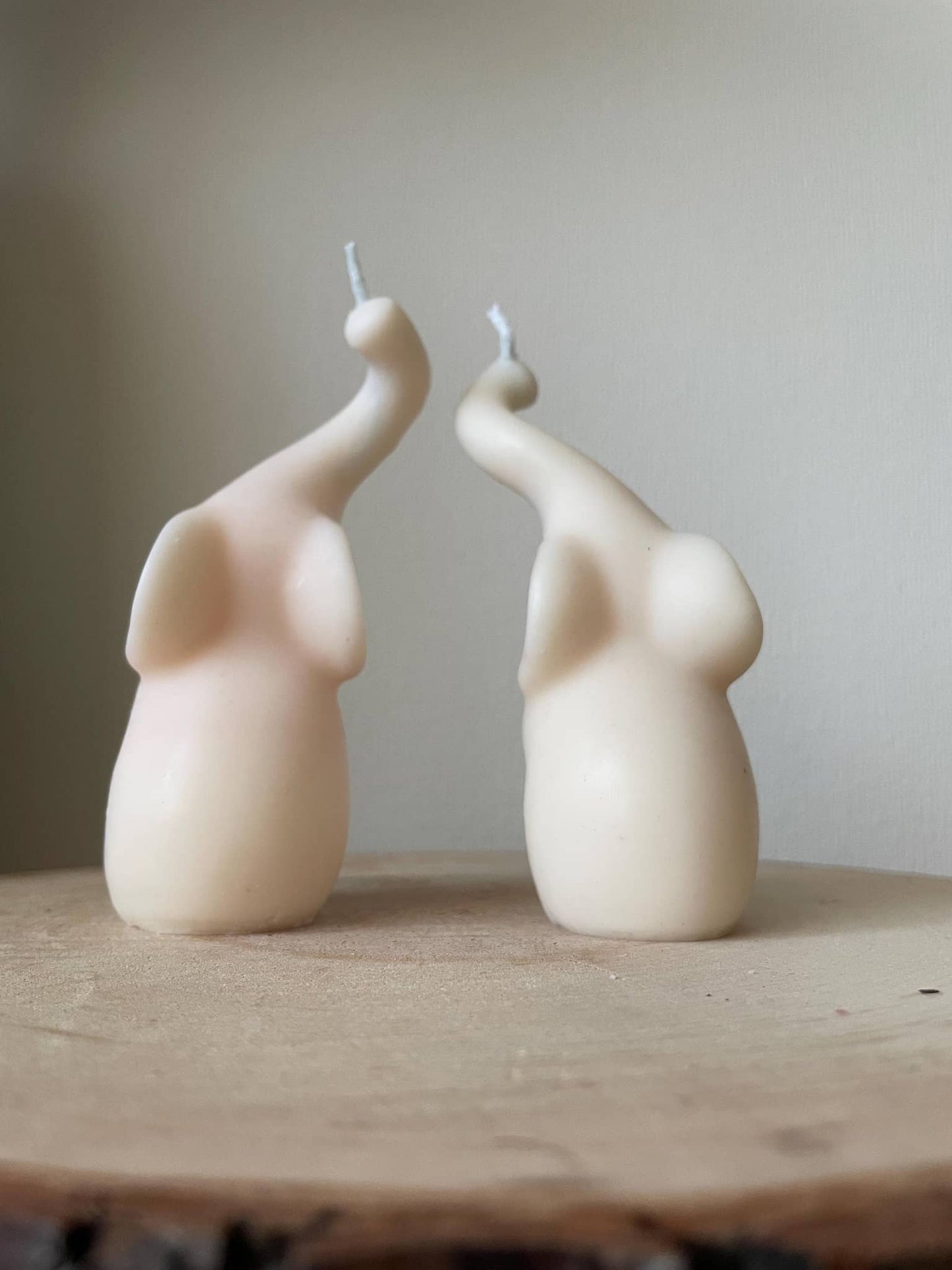 La Bouqe handmade elefant candle set featuring two ivory elephant-shaped candles with raised trunks