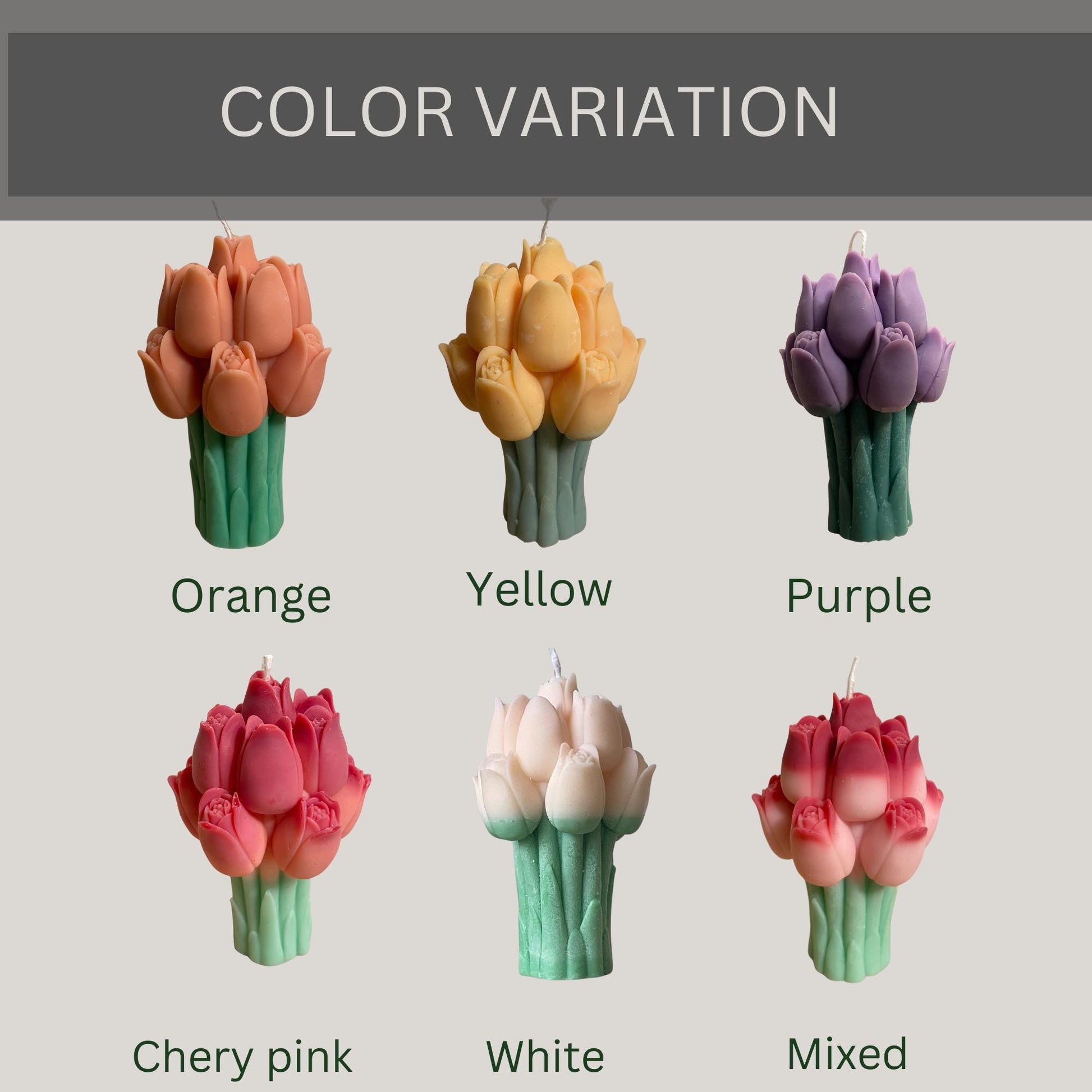 La Bouqe tulip bouquet candle in six color variations including orange yellow purple cherry pink white and mixed