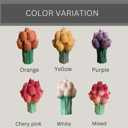 La Bouqe tulip bouquet candle in six color variations including orange yellow purple cherry pink white and mixed