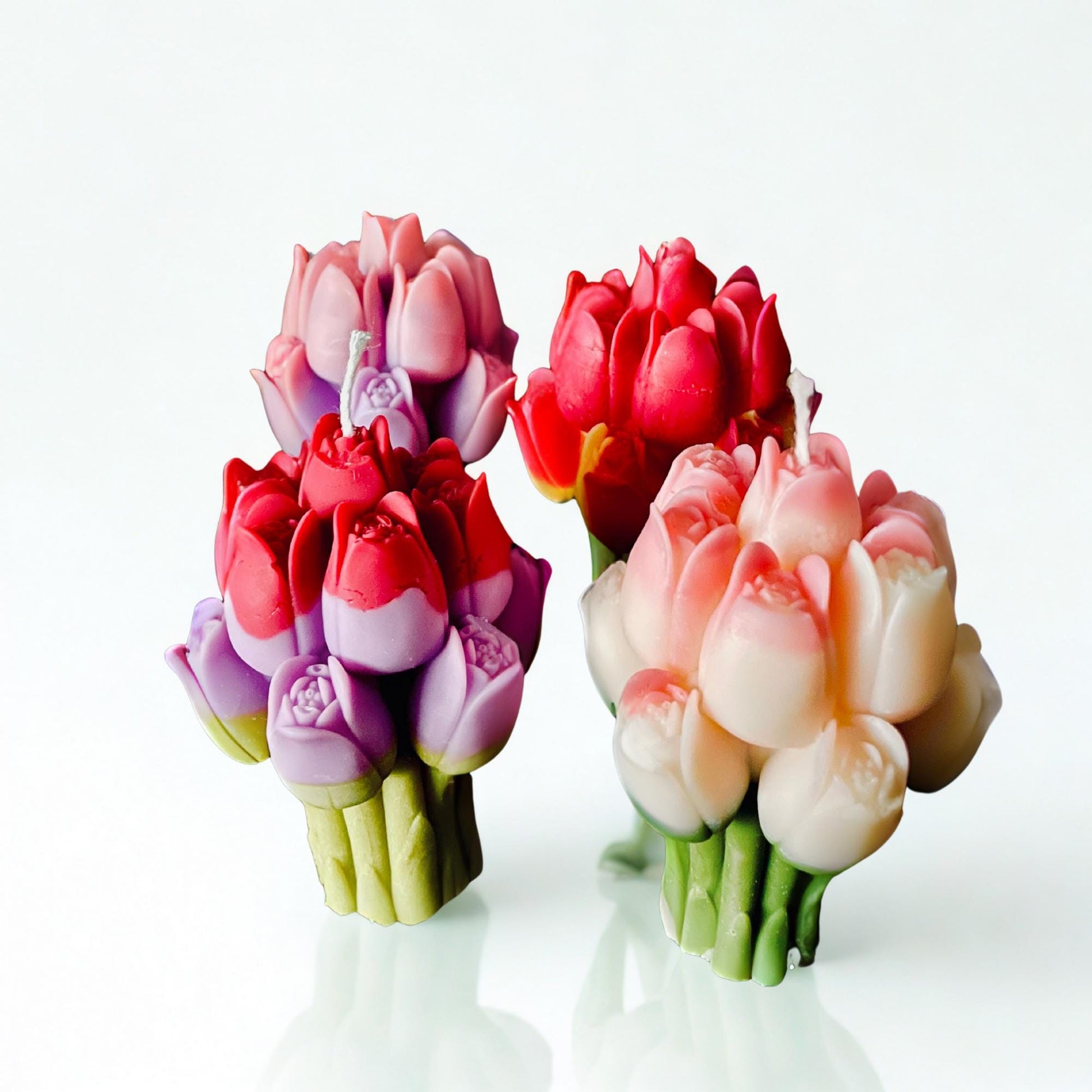 La Bouqe colorful tulip bouquet candle set with red, pink, and purple tulip designs