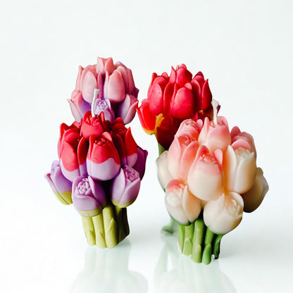 La Bouqe colorful tulip bouquet candle set with red, pink, and purple tulip designs