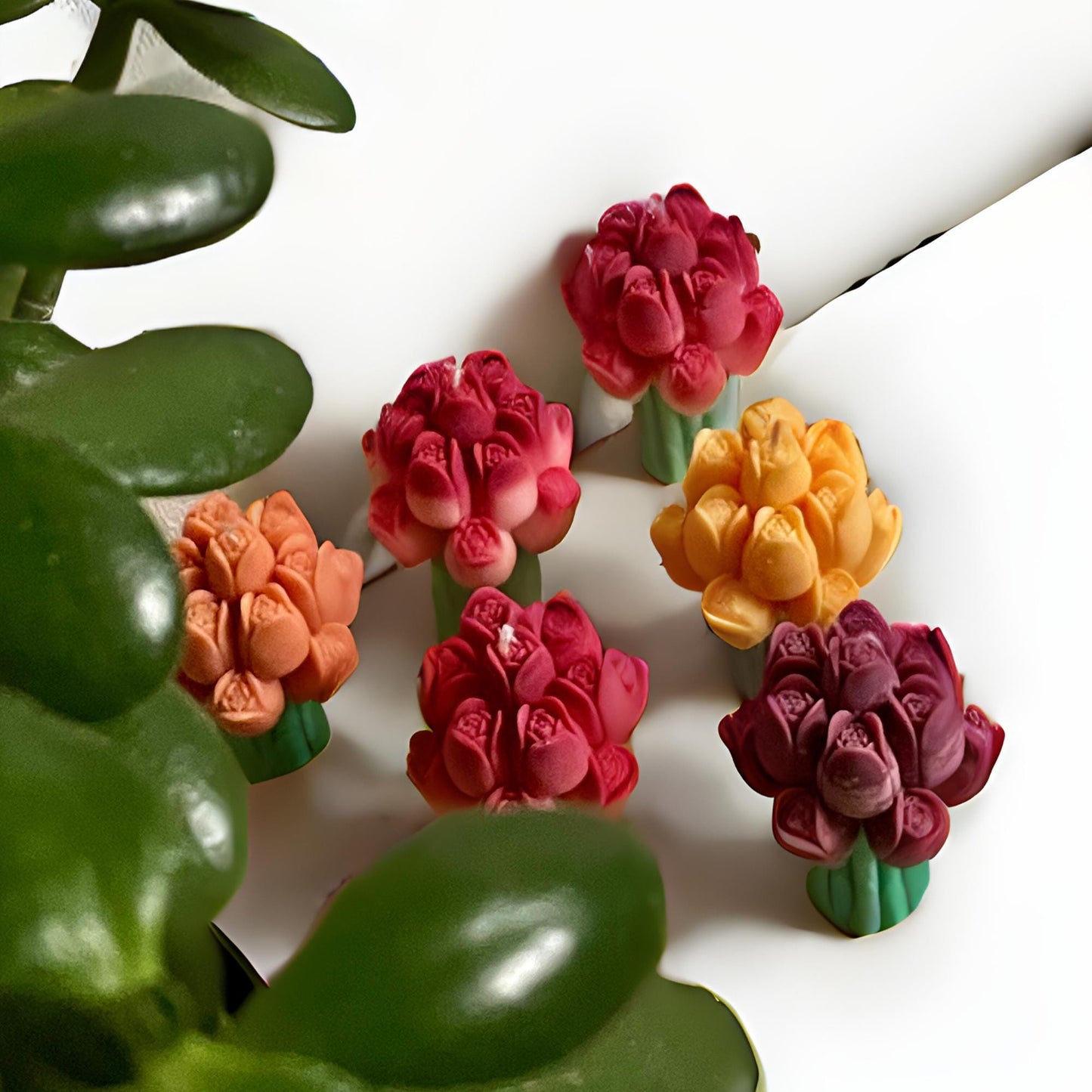 La Bouqe colorful tulip bouquet candle set with red orange and purple flower designs on white background